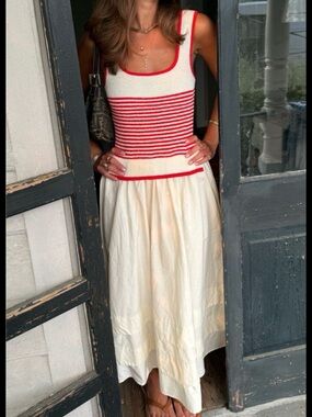 Moon River Cream and Red Striped Midi Dress